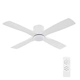 WINGBO 48 Inch Flush Mount DC Ceiling Fan with Lights and Remote, 4 Reversible Carved Wood Blades, 6-Speed Noiseless DC Motor, Hugger Ceiling Fan in White Finish, Low Profile Ceiling Fans, ETL Listed
