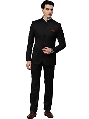 Image of MANQ Men Black Solid Slim Fit Bandhgala Suit