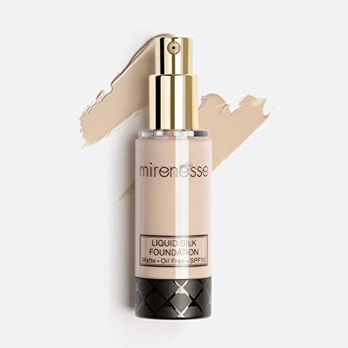 Mirenesse Skin Clone Liquid Silk Foundation SPF 15, Mineral Powder with Natural Matte Finish, Oil Free & Long Lasting High Coverage, Minimizes Pores, Vegan & Toxin Free, 13 Vanilla 1.2oz