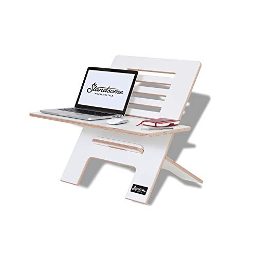 Standsome Slim White mit breiter Ebene - Höhenverstellbarer Schreibtischaufsatz mit großer Arbeitsfläche, ergonomisches Stehpult, nachhaltiger Sitz Steh Arbeitsplatz, Laptopständer aus Holz weiß Cover