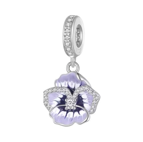 Abalorio colgante flor pensamiento morado plata ley 925 para pulsera charm