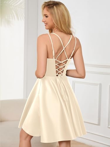 Image of Homecoming Dresses for Teens Knee Length Spaghetti Strap with Pockets Satin Backless Prom Dress