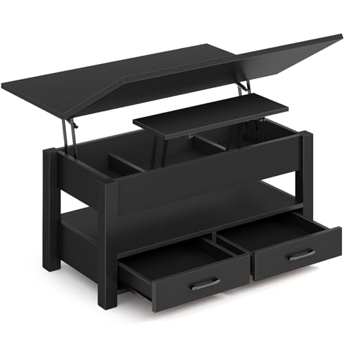 Rolanstar Coffee Table Lift Top, Multi-Function Convertible Coffee Table with Drawers and Hidden Compartment, Converts to Dining Table for Living Room, Home Office,Black