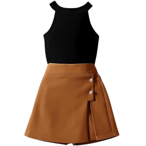Image of RIYANSHI Girls Halter Neck Ribbed Top with A-line Skirt Set | Cotton Blend, 2 Piece Outfit, Button Detail, Ages 1-10 Years, Casual Wear