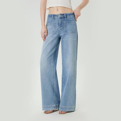Wide Leg Jeans for Women Stretchy Loose Baggy with Patch Pockets Trendy High Waisted Jeans2