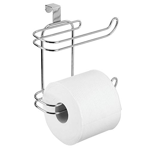 mDesign Metal Compact Hanging Over The Tank Toilet Tissue Paper Roll Holder and Dispenser for Bathroom Storage - Holds 1 Extra Roll - Space Saving Design - Chrome