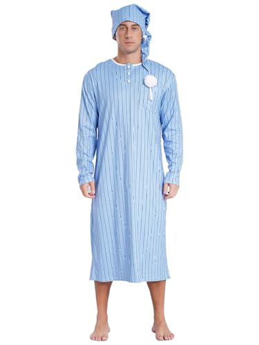 Fldy Pijama para hombre con gorro de dormir a rayas, camisón de manga larga con botones largo y pompón, conjunto de ropa de dormir para hombre, Azul polvoriento, L