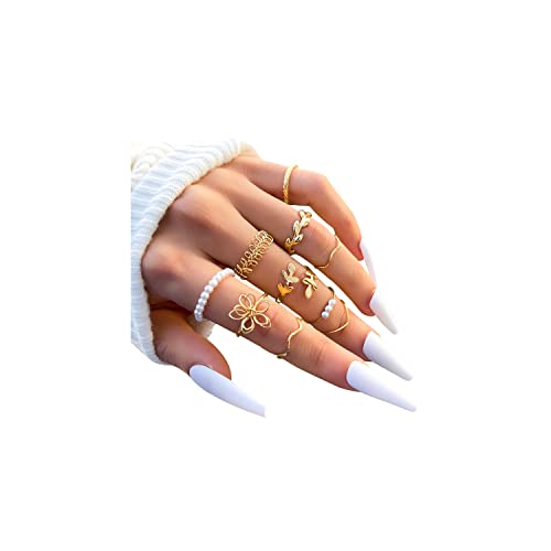 Anillos apilables para nudillos para mujeres, adolescentes, niñas, múltiples anillos apilables femeninos, bohemios y vintage, juego de anillos midi dorados y negros, Metal no precioso, Sin gemas.