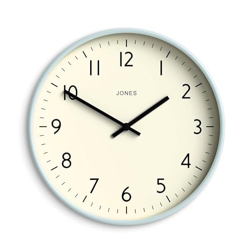 JONES CLOCKS® Studio Wall Clock | Modern Round Style | 12 inch | Pale Blue | Easy to Read Numbers | Versatile Design for Kitchen, Living Room or Office