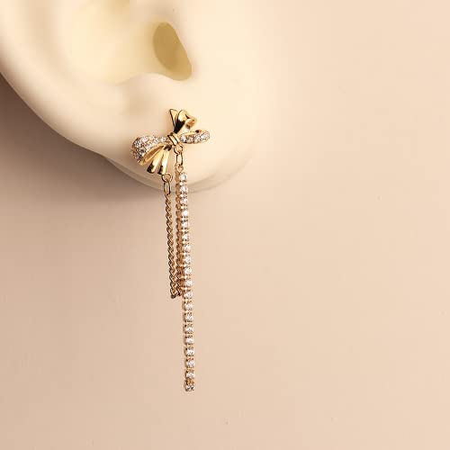 Sonateomber Gold Bow Stud Chain Drop Dangle Earrings For Women Girl - Fashion Cubic Zirconia Rhinestone Crystal Butterfly Earrings Illusion Double Piercing Jewerly Valentines Gift #TOP4