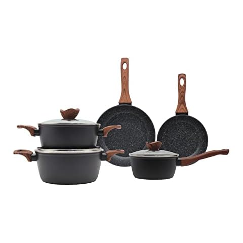 La Moustache - Kochgeschirr, Antihaftbeschichtet, Aluminiumguss | Töpfe mit Glasdeckel, Pfanne, Stielkasserolle | Für alle Küchen - Induktions Cover