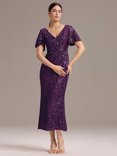 Ever-Pretty Women's Gorgeous V Neck Sequin Tulle Short Sleeves Bodycon Maxi Formal Evening Gowns 023704