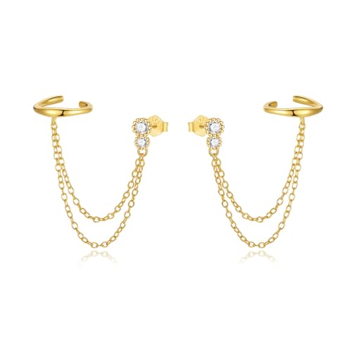 Double Layer Chain Ear Cuff Halo Round Cut CZ S925 Sterling Silver Stud Earrings for Women 14k Gold Plated Cartilage Clip on Huggie Hoops Climber Crawler Long Chain Dangle Drop Fashion Jewelry Bff