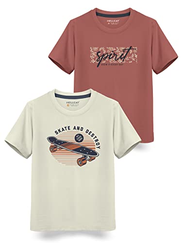 Image of HELLCAT Boys Round Neck Printed Blended Cotton Tshirt -Combo Pack of 2 - Orange /Blue