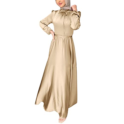 Women Muslim Dress, Long Sleeve Maxi Gown, Islamic Abaya Modest Length Arabic Evening Party Prayer Casual Occasions Beige