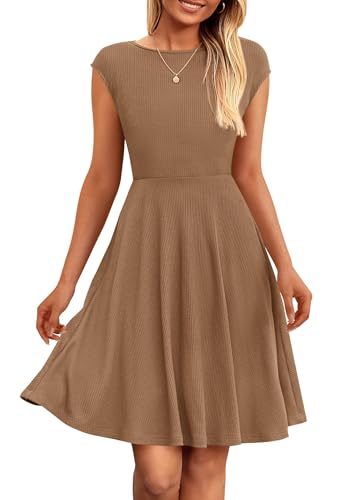 PRETTYGARDEN Womens Short Summer Dress 2025 Crewneck Cap Sleeve Ribbed Knit Casual Flowy A Line Mini Sundresses with Pockets