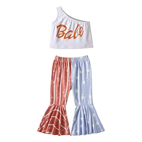 Camidy Toddler Girl 4th of July Outfits One Shoulder Tank Tops Star Stripes Flag Bell-Bottom Pants Independence Day Clothes Cover