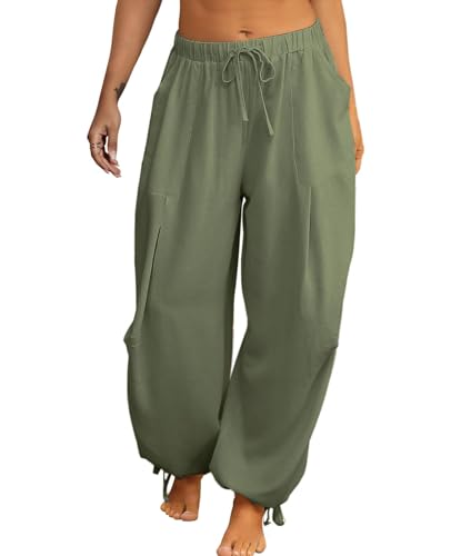 Image of Women's Linen Balloon Barrel Beach Pants Boho Harem Flowy Drawstring Casual Loose Pants with Pockets