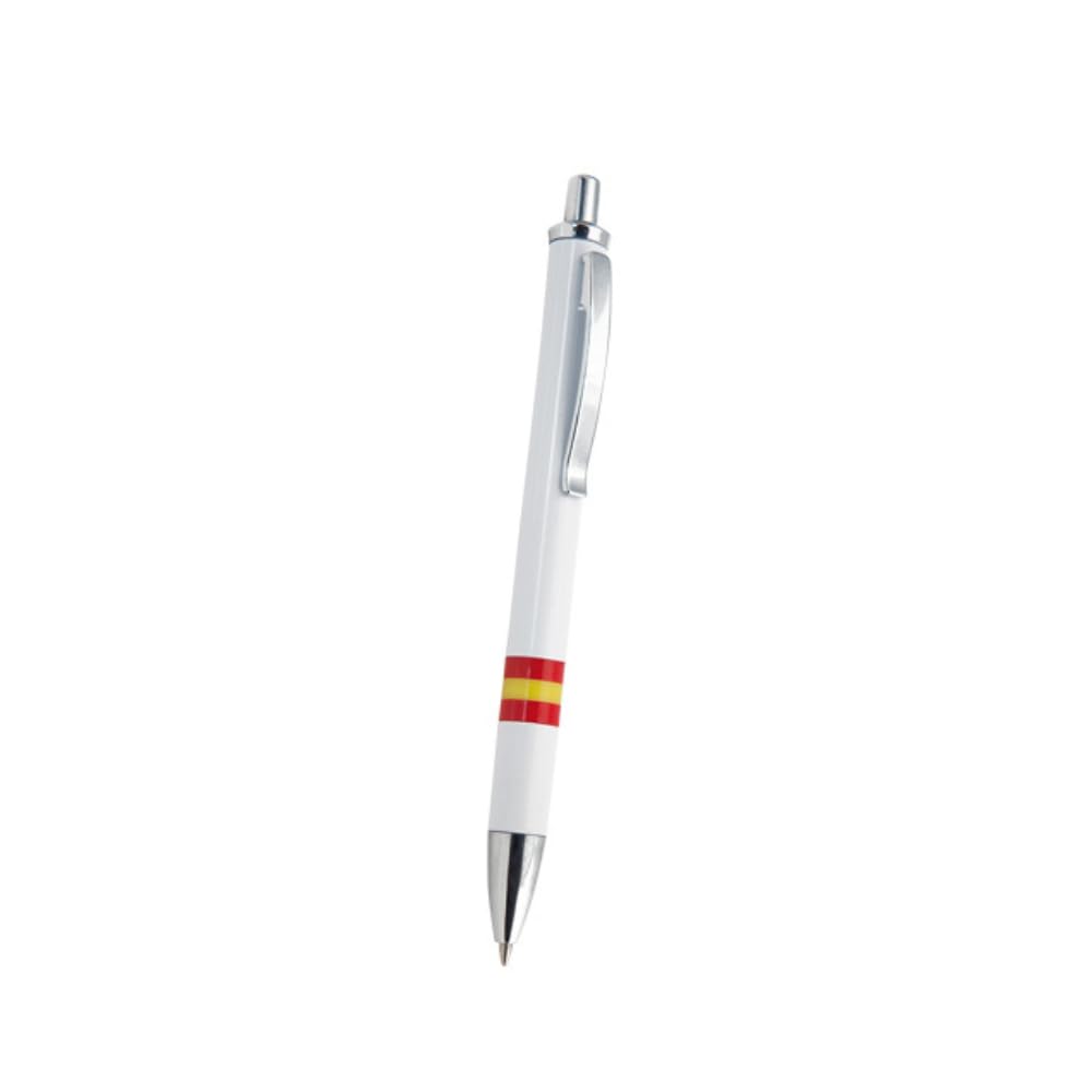 Pack 50 Unidades Bolígrafo Bandera de España – Bolígrafos Blancos de Plástico con Clip Metálico y Tinta Azul – Ideal para Regalos, Souvenirs, Eventos y Merchandising
