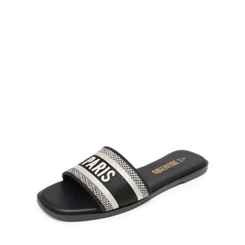 Image of DREAM PAIRS Women's Flat Sandals Slip On Slides Sandals Square Open Toe Jacquard Braided Fashion Slides Casual Beach Slippers for Summer