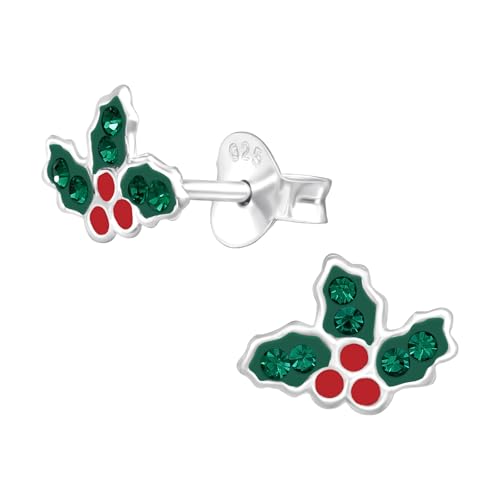 925 Sterling Silver Christmas Holly Leaf with Red Green Crystal Tiny Ear Studs Earrings for Small Earlobe or Second Ear Piercings 42776