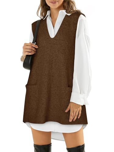 Sweater Vest Women Sleeveless V Neck Oversized Knit Tops Tunic Dress with Pockets Fall Fashion 20253