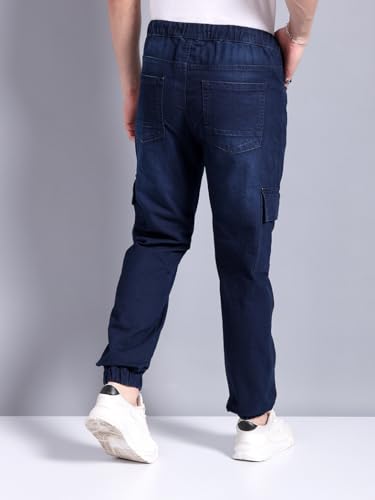 Image of The Indian Garage Co Men Regular Fit Solid Mid-Rise Stretchable Denim Cargo Joggers