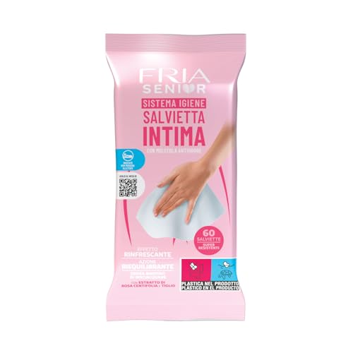 Salviette per l’Igiene Intima degli Anziani - con Estratti di Rosa Centifolia e Tiglio - Azione Riequilibrante - Antiodore - Formato: 60 Salviette - FRIA Senior