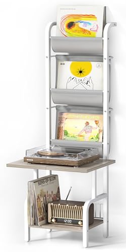 Bikoney Almacenamiento de discos de vinilo con soporte para reproductor, soporte giratorio y estante de exhibición para hasta 200 álbumes, gabinete para discos de vinilo con soporte de pared para sala
