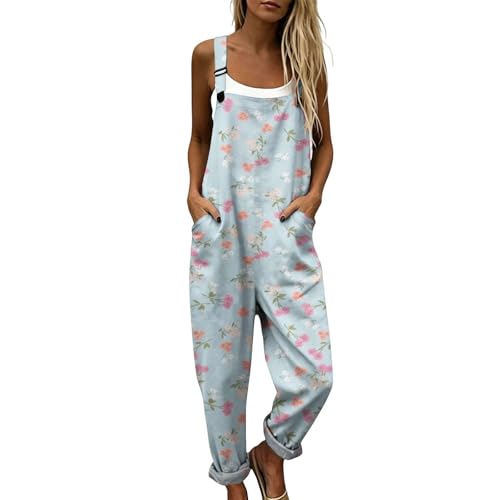 Mono Mujer Verano 2026 Peto de Lino y Algodón Monos Boho Hippie de Pierna Ancha Overol Vintage Jumpsuit Elegante Casual para Playa y Diario Elegante Casual Ropa con Bolsillos (M,39)