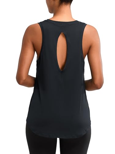 RUNNING GIRL Workout Tops for Women, Ultra Soft Open Back Loose Fit Racerback Yoga Tops for Women(3077_Black_L)