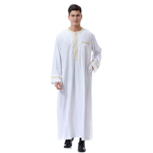 PURFUN Men's Muslim Clothes Durable Kaftan Robe Round Collar Long Sleeve Islamic Thobe Dubai Long Gown Arab Wear2
