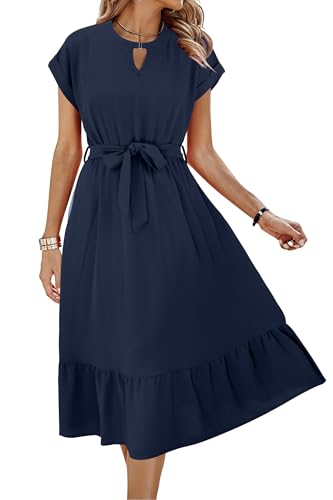 Image of ECOWISH Womens Casual Midi Dresses Solid V Neck Short Sleeve Button Shirt Belted Dress with Pockets for Spring Summer 2026