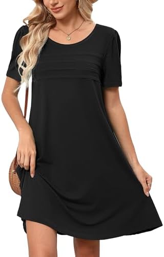 Heymoments Women's Short Sleeve Crewneck Sundress Summer Casual A-Line Midi Dress with Pockets S-2XL