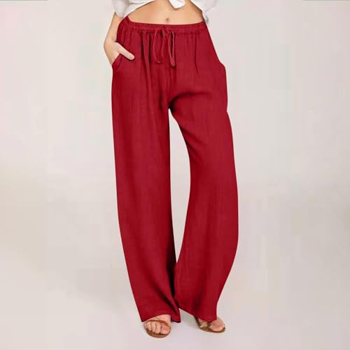 Generic Women's Cotton Linen Pants,Summer Wide Leg Casual Loose Drawstring High Waist Palazzo Pants with Pockets2