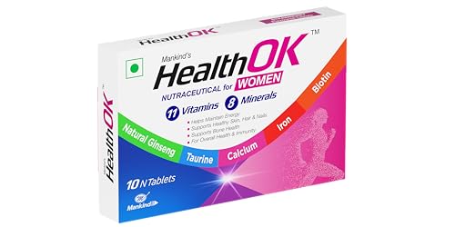 Image of Mankind HealthOK Women Multivitamin 10 Tablets - Strawberry Flavour, Pure Vegetarian, 19+ Essential Vitamins & Minerals with Biotin & Ginseng | Hair Skin Nails, Energy & Bone Health Support x Pack of 2