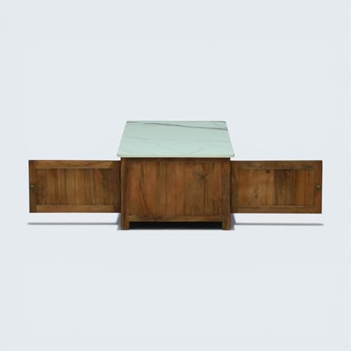 Image of Solid Wood Madrid Centre Table with Premium Sintered Stone Top for Living Room | Wooden Coffee Table | Dark Teak Finish | 110 x 60 x 40 cm
