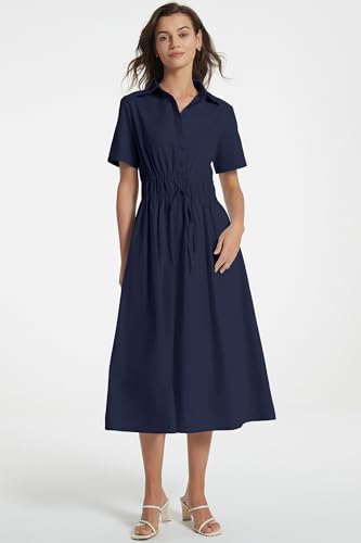 Image of Ladyful Women Casual Button Down Short Sleeve Shirt Dress Tie Waist Midi Shirt Dress Elegant Business Party
