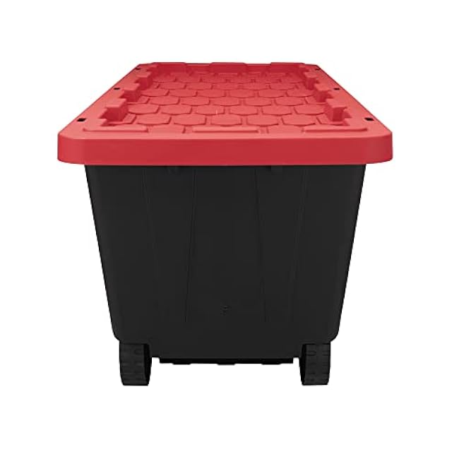 50 Gallon Snap Lid Wheeled Plastic Storage Tote, Black Base/Red Lid, Set of 2