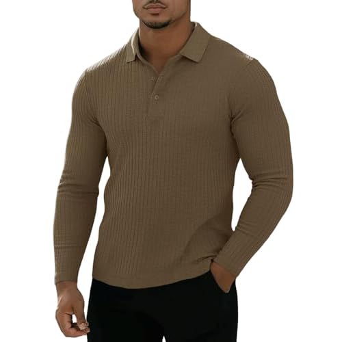 Muscle Cmdr Men's Cotton Long Sleeve Muscle T Shirts Slim Fit Business Casual Tee Short Sleeve Ribbed Polo V Neck Medium Brown/Long