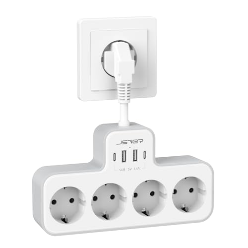 JSVER Regleta Enchufe USB con 4 Tomas,Regleta Electrica(3680W 16A) con 4 USB Puertos(2 USB A,2 USB C) Ladron Enchufes para el hogar, la Oficina y los Viajes-Blanco