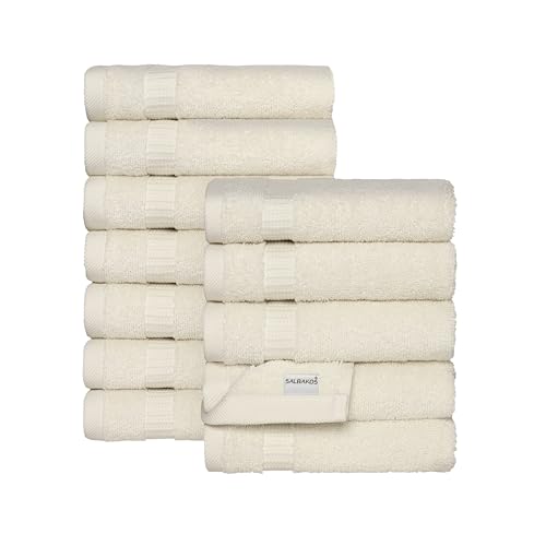 SALBAKOS 100% Turkish Cotton Washcloth Set of 12 13x13 inch | Heirloom Quality | Hotel & Spa Collection | Ultra Soft, Super Absorbent, Washcloth Towels | Made in Turkey (Ivory, 12 Washcloths)