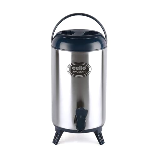 Image of CELLO Jaguar Vacuum Insulated Thermos Water Jug for Kitchen 4 Litre Blue | Easy to Fill & Clean Wide Mouth, Press and Pour Tap Double Wall Hot and Cold Stainless Steel Water Jug for Picnic and Office