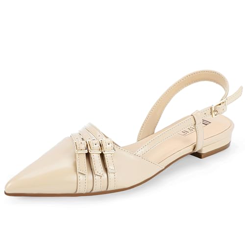 IDIFU Slingback Flats for Women Pointed Toe Ballet Flats Shoes Women Dressy Comfortable Casual Flat Dress Shoes for Women Office Work Wedding Bridal Cute Fashion Slip on Buckle Flats