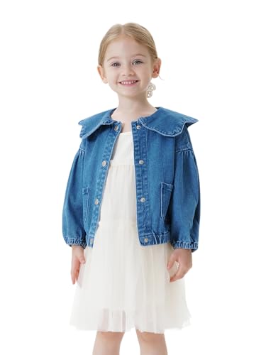 marc & janie Girls Lace Large Lapel Denim Jacket Bubble Sleeve Cotton Outerwear Kids Button Down Tops 250197