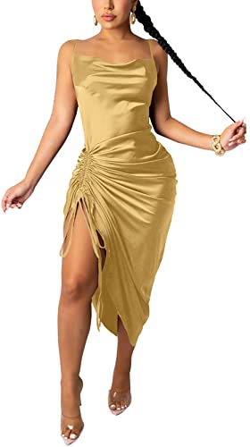 WUSENST Cocktail Dresses Satin Dress for Women Sexy Backless Drawstring Ruched Midi Dress