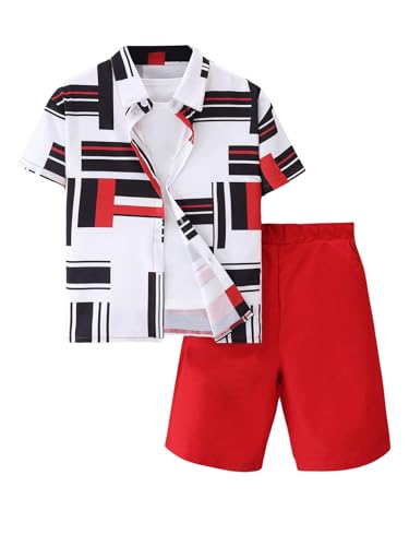Image of RoseSeek Boy's 2 Piece Outfits Paisley Geo Graphic Print Short Sleeve Button Down Shirt and Shorts Set