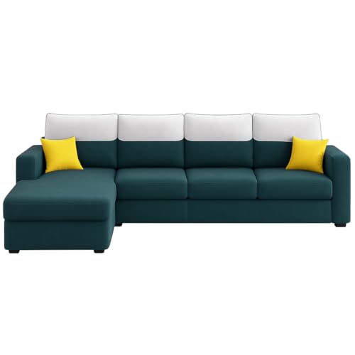 Image of Furny Tokiaa 6 Seater Fabric LHS L Shape Sofa Set (Tealish Green) | Soft Velvet Fabric | Modern Design | Comfortable Seating | Living Room Furniture