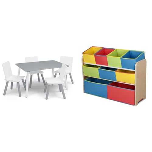 Image of Delta Children Kids Table and Chair Set (4 Chairs Included) - Ideal for Arts & Crafts, Snack Time, Homeschooling, Homework & More, Grey /White & Multi-Color Deluxe Toy Organizer with Storage Bins