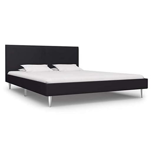 vidaXL Cama Matrimonio Estructura Metal Hierro + Somier Láminas + Cabecero Tapizada Tela para Colchón 180x200 cm No Incluido MDF Patas Metálicas Negro